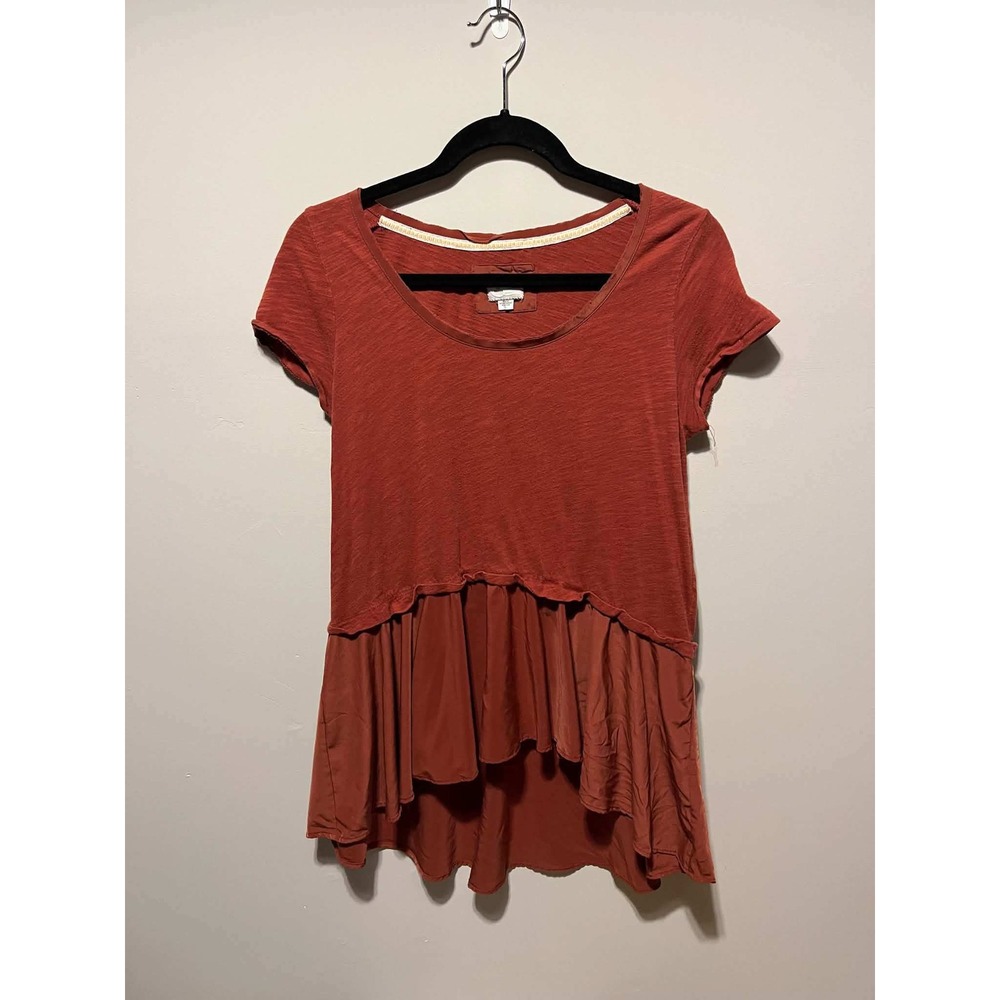 Anthropologie Moth Mixed Media Peplum Top Rust Orange Short Sleeve Medium